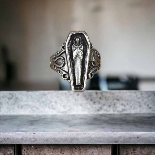 Extended Sizing Unisex Coffin Ring İn Real Silver Plate