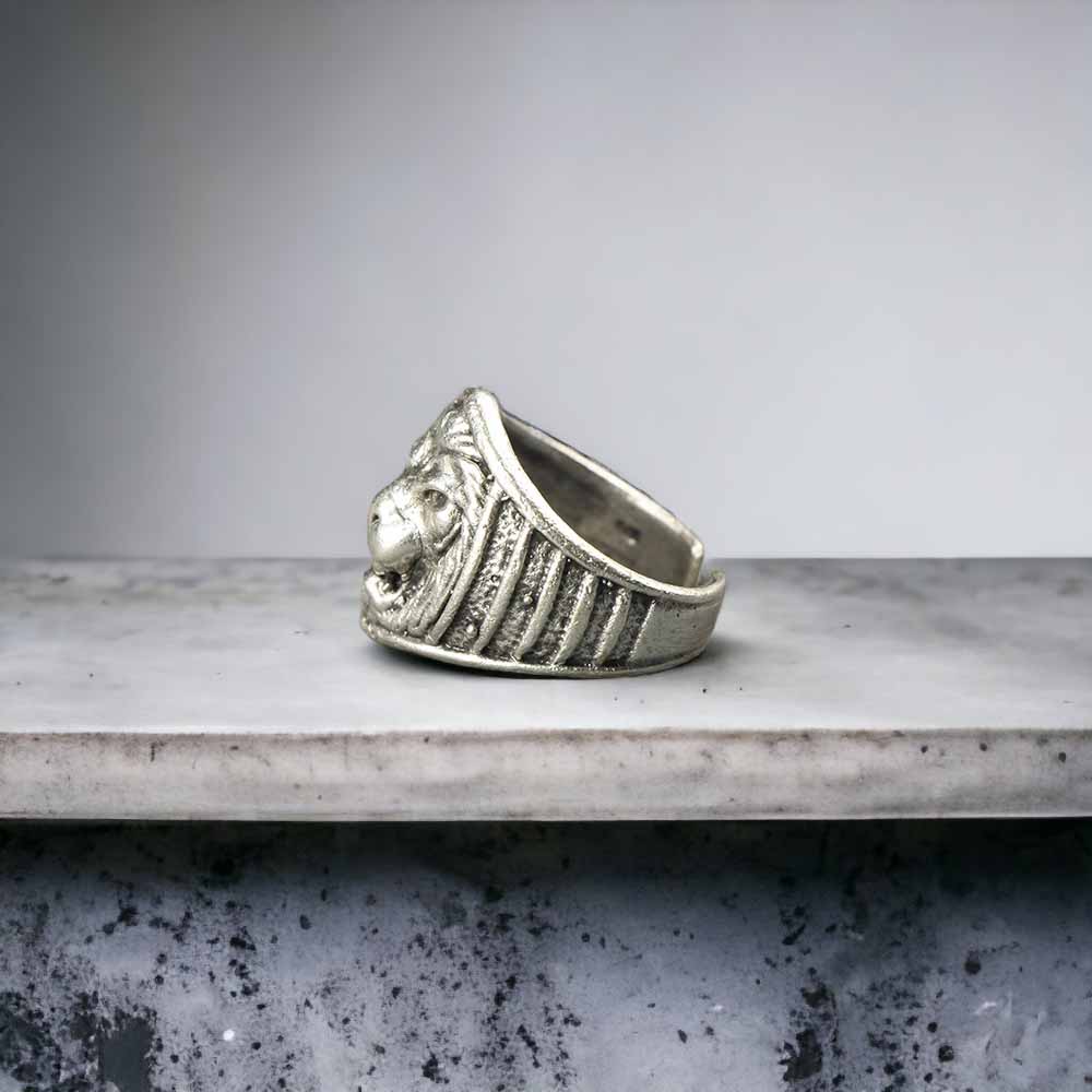 Extended Sizing Unisex Lion Ring İn Real Silver Plate