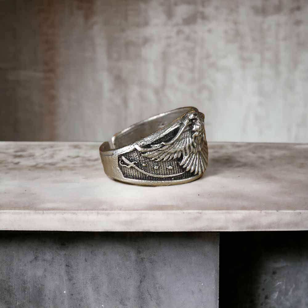 Extended Sizing Unisex Eagle Ring İn Real Silver Plate