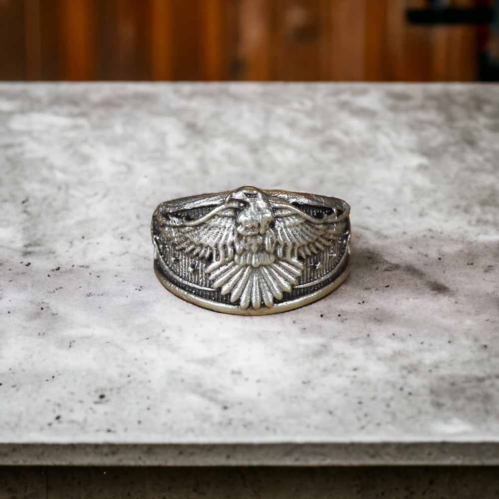 Extended Sizing Unisex Eagle Ring İn Real Silver Plate