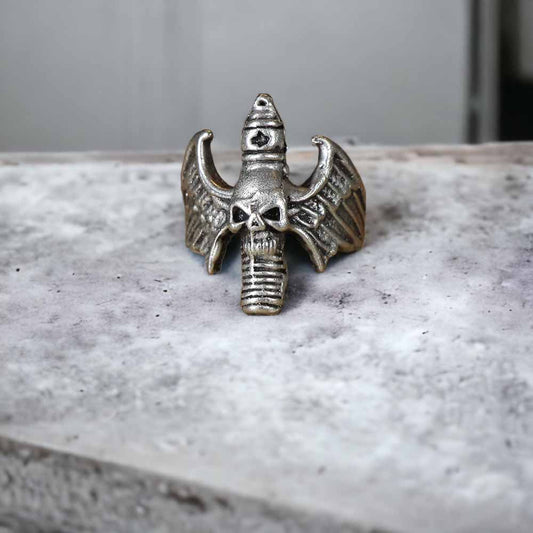 Extended Sizing Unisex Skull Wing Ring İn Real Silver Plate