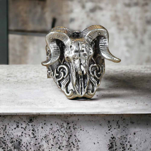 Extended Sizing Unisex Baphomet Ring İn Real Silver Plate