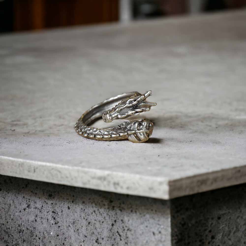 Extended Sizing Unisex Dragon Ring İn Real Silver Plate