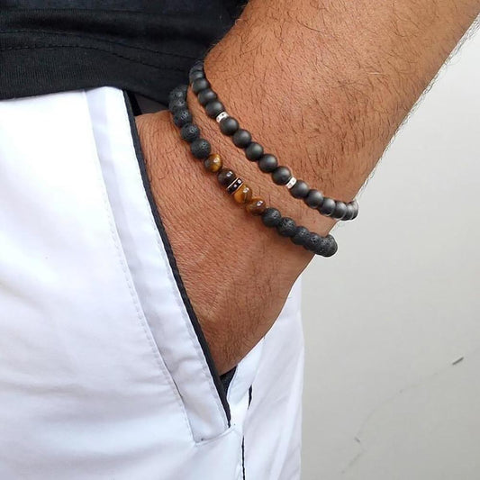 2 Pack Men's Beaded Bracelets Lava Onyx Tiger Eye