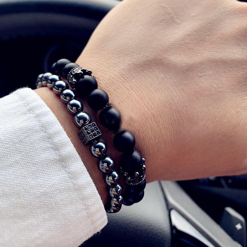 2 Pack Men's Beaded Bracelets Onyx Hematite