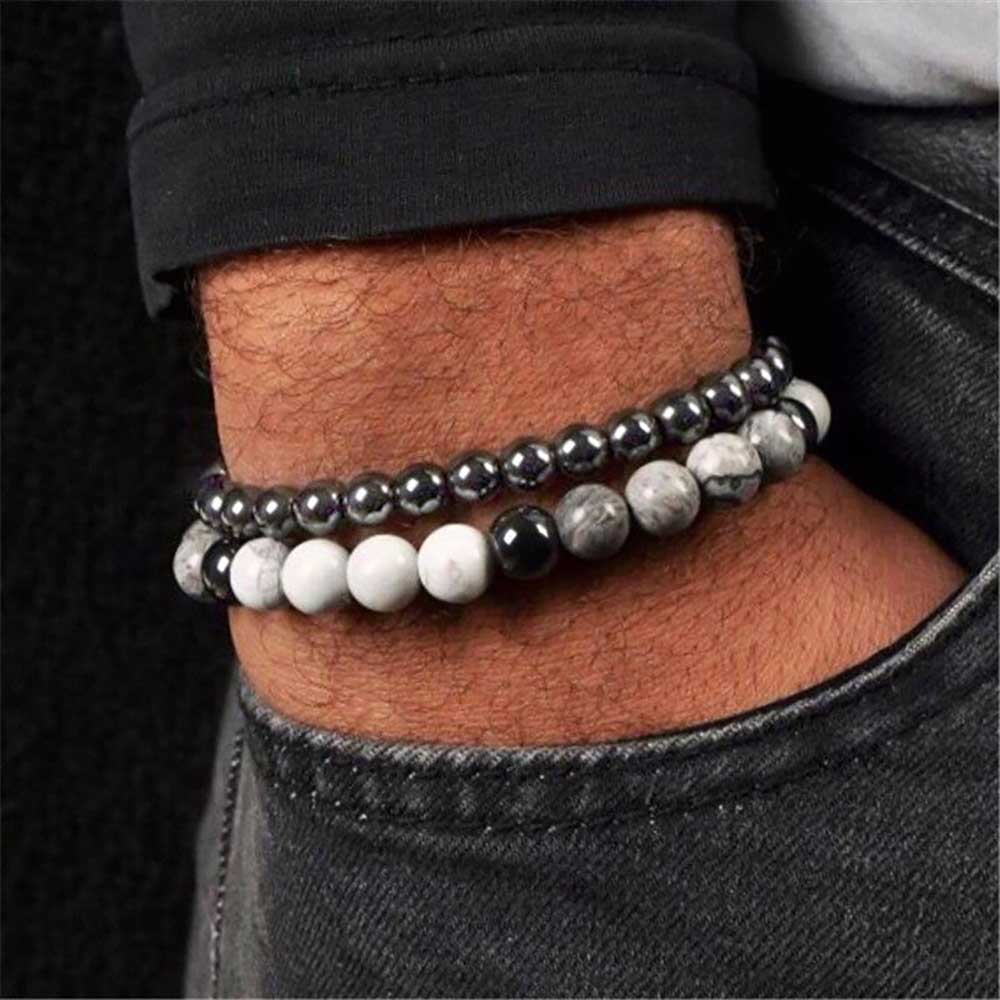 2 Pack Beaded Men's Braceler Jasper Howlite Hematite