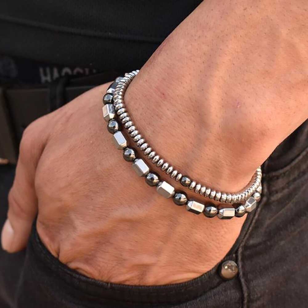 2 Pack Men's Beaded Bracelets Hematite