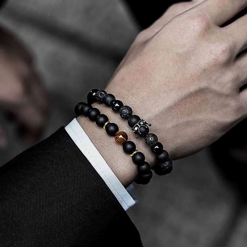 2 Pack Men's Beaded Bracelets Lava Onyx