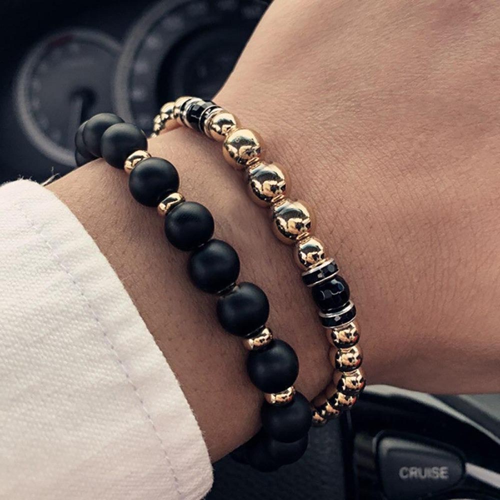 2 Pack Men's Beaded Bracelets Onyx Hematite