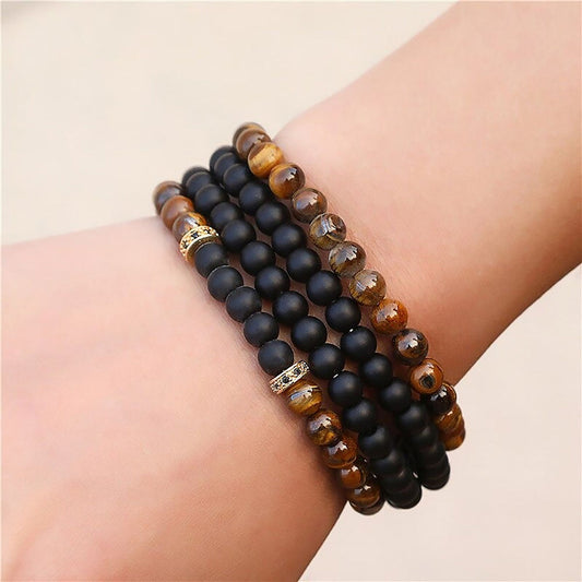 4 Pack Men's Beaded Bracelets Tiger Eye Onyx