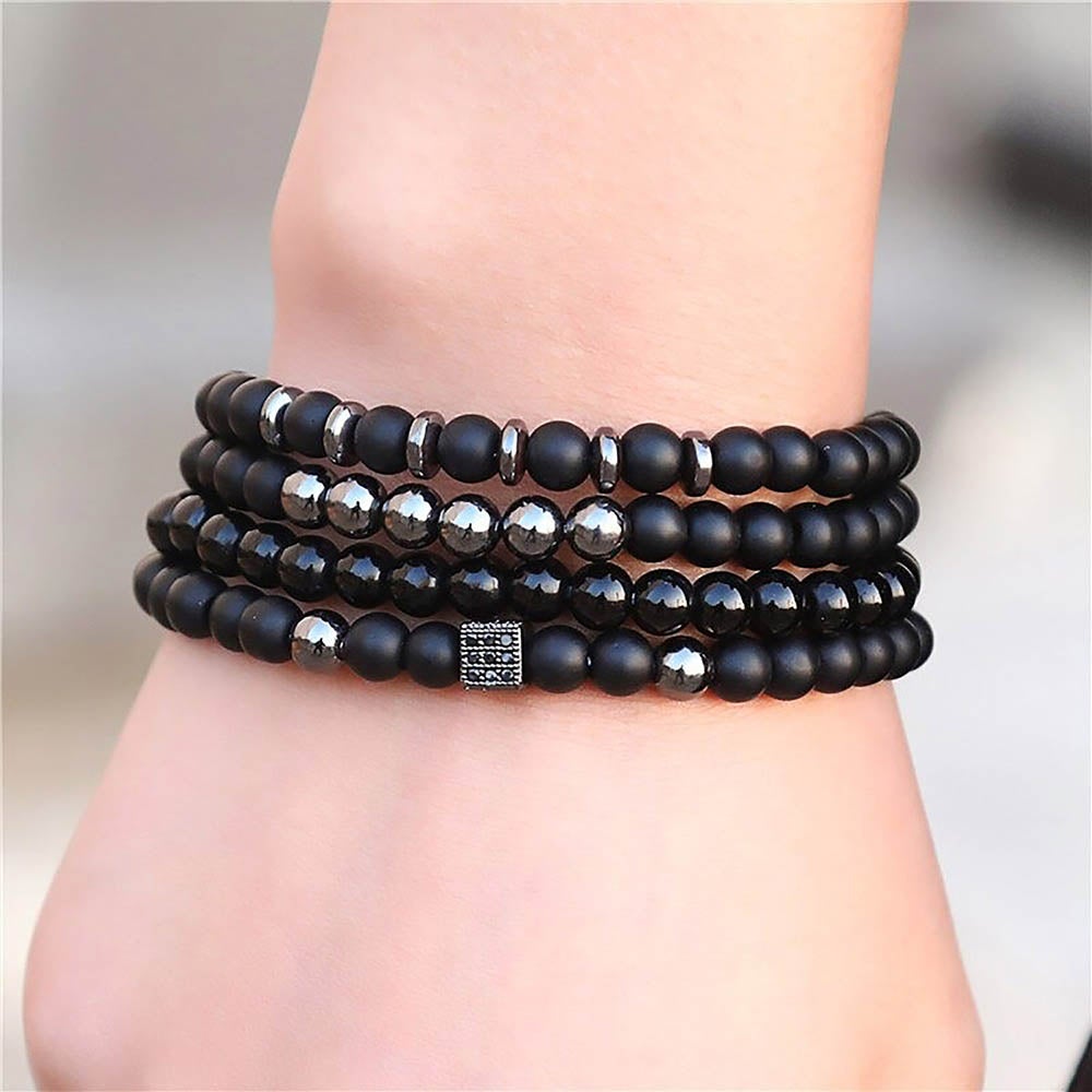 4 Pack Men's Beaded Bracelets Hematite Onyx