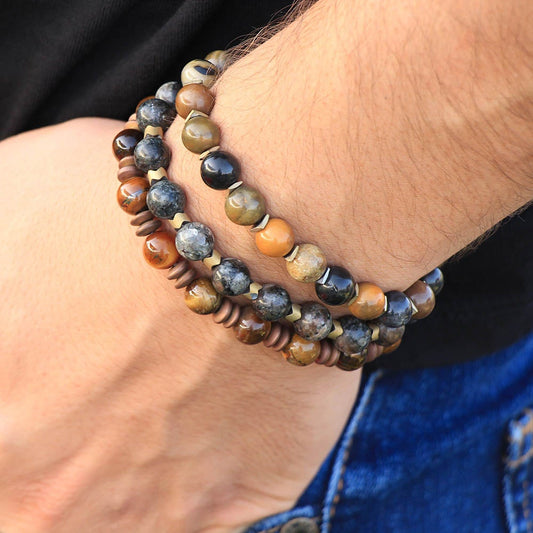 3 Pack Men's Beaded Bracelets Tiger Eye Lavrikite Agate