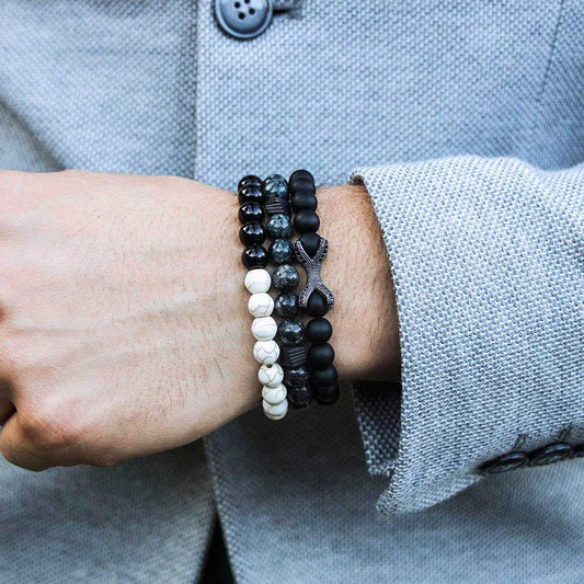 3 Pack Men's Beaded Bracelets Onyx Larvikite Howlite