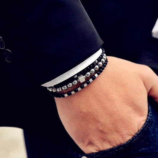 3 Pack Men's Beaded Bracelets Hematite Onyx