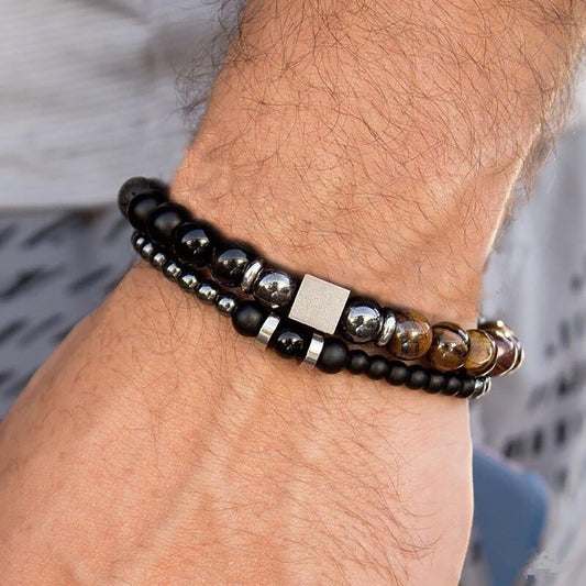 2 Pack Men's Beaded Bracelets Hematite Onyx Tiger Eye