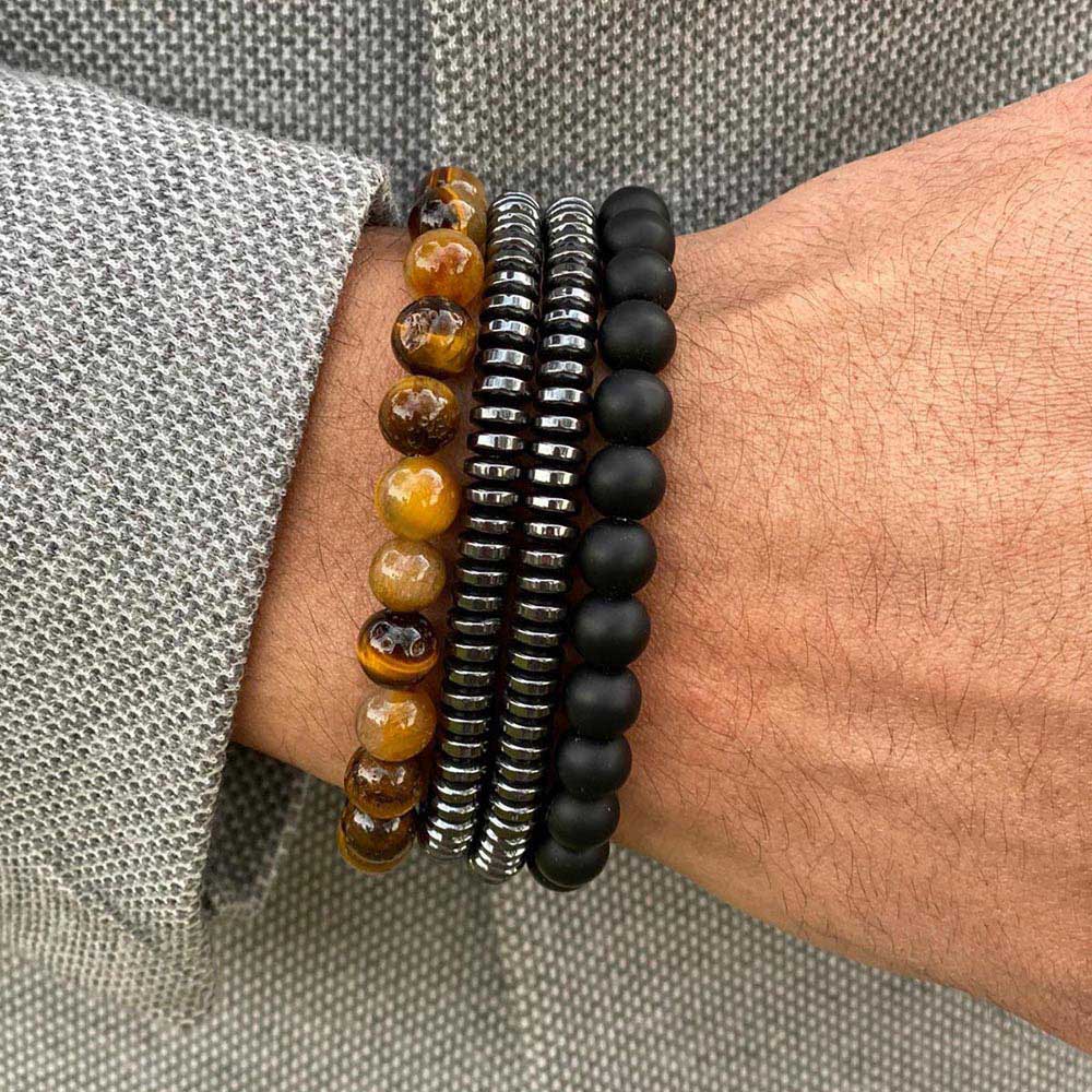 4 Pack Beaded Bracelets Hematite Onyx Tiger Eye